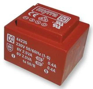 שנאי יצוק למעגל מודפס - 230V ⇒ 2X6V - 417MA / 5VA